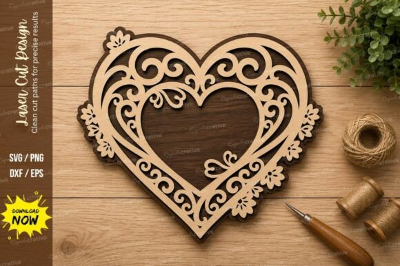 Elegant Floral Heart Frame Laser Cut SVG Design