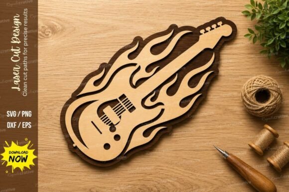 Flame Electric Guitar Art Laser Cut SVG Design