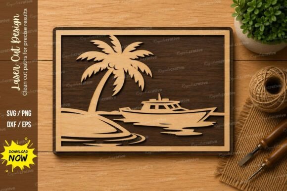 Tropical Boat Beach Scene Laser Cut SVG